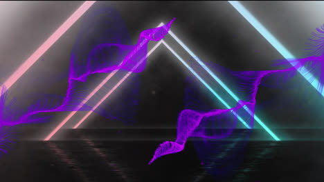 Animation-Von-Violetten-Lichtspuren-über-Neondreiecken-Auf-Schwarzem-Hintergrund