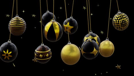 Schwarze-Und-Goldene-Weihnachtskugeln-Schwingen-Mit-Goldenen-Sternen-Auf-Schwarzem-Hintergrund