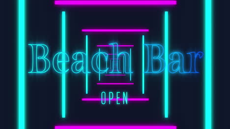 Animation-of-beach-bar-open-text-over-neon-lines-on-black-background