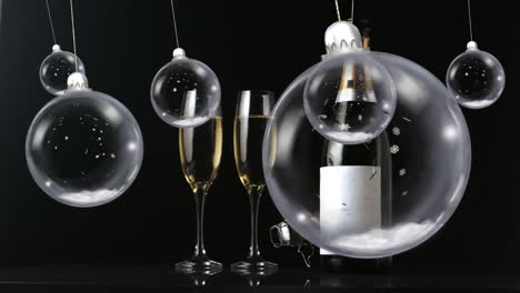 Clear-christmas-baubles-swinging-over-champagne-cork,-bottle-and-glasses-on-black-background