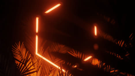 Animation-Von-Blättern-über-Orangefarbenem-Neonsechseck-Auf-Schwarzem-Hintergrund