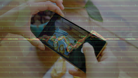 Animation-of-data-processing-over-hands-taking-photo-with-smartphone