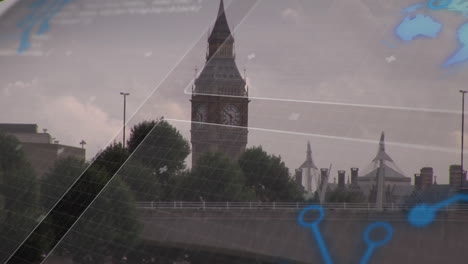 Animation-of-interface-with-data-processing-against-aerial-view-of-big-ben-tower