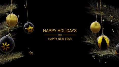 Felices-Fiestas-Y-Feliz-Año-Nuevo-Texto-Con-Adornos-Navideños-Negros-Y-Dorados-Y-Estrellas-Sobre-Negro
