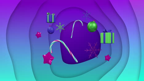 Christmas-baubles,-gifts-and-candy-canes-floating-over-blue-and-purple-background