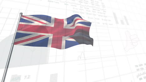 Animación-Del-Mercado-De-Valores,-Procesamiento-De-Datos-Estadísticos-Sobre-La-Bandera-Del-Reino-Unido-Ondeando-Sobre-Fondo-Blanco