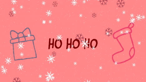Animation-of-ho-ho-ho-text-over-snow-and-christmas-presents-on-pink-background