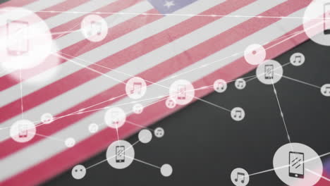 Animation-of-icons-connected-with-lines-over-national-flags-of-america-on-black-background