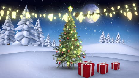 Animation-of-hanging-fairylights-over-christmas-tree-and-bouncing-gift-boxes-on-winter-landscape