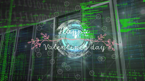 Animation-of-happy-valentines-day-text-banner-over-globe-and-data-processing-against-server-room