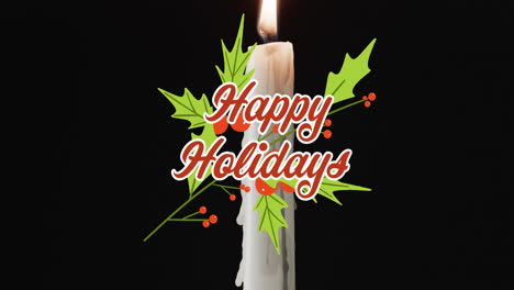 Animation-of-happy-holidays-text-over-lit-candle-on-black-background