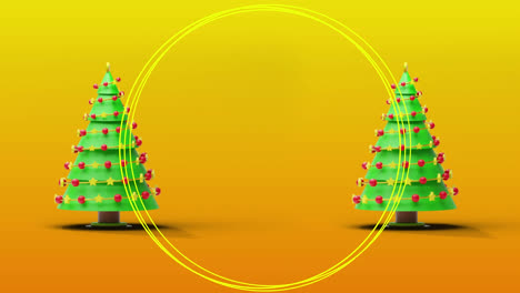 Animation-Von-Formen-über-Weihnachtsbäumen-Auf-Gelbem-Hintergrund