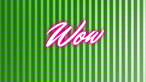 Animation-of-neon-pink-wow-text-banner-against-green-striped-background