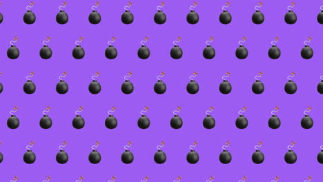 Animation-Von-Reihen-Schwarzer-Bomben,-Die-Sich-Auf-Violettem-Hintergrund-Bewegen
