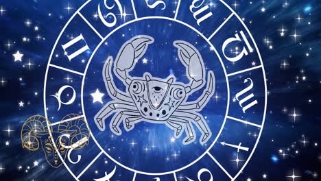 Animation-of-scorpio-star-sign-in-zodiac-wheel-on-starry-night-sky