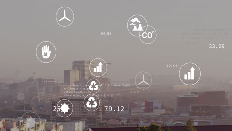 Animation-of-eco-icons-and-data-processing-over-cityscape