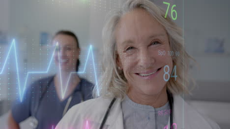 Animation-Eines-Herzfrequenzmessers-Vor-Verschiedenen-Ärztinnen-Und-Gesundheitspersonal,-Die-Im-Krankenhaus-Lächeln