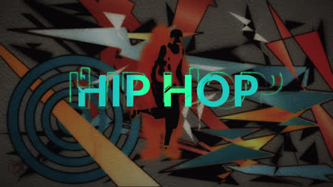 Animation-of-hip-hop-text-over-silhouett-of-dancing-man-and-shapes