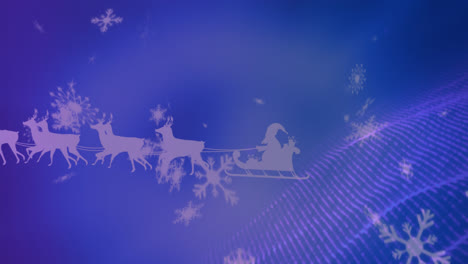 Animation-of-snow-falling-over-santa-claus-in-sleigh-with-reindeer-on-blue-background