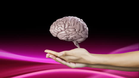 Animation-of-human-brain-spinning-over-cupped-hands-against-neon-digital-waves-on-black-background