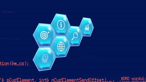 Animation-of-icon-in-hexagons-and-computer-language-over-blue-background