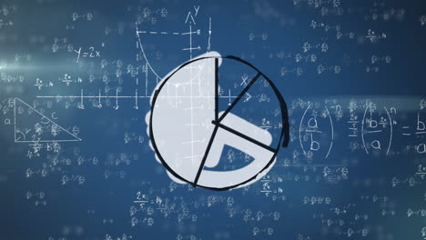 Animation-of-pie-graph-icon-over-mathematical-equations-floating-against-blue-background