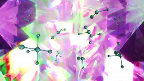 Animation-of-molecules-over-purple-and-green-crystals-on-black-background