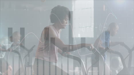 Animation-of-data-processing-on-graph-over-biracial-woman-cross-training-on-elliptical-at-gym