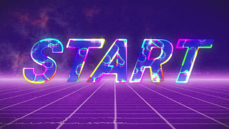 Animation-of-start-text-over-neon-grid-background