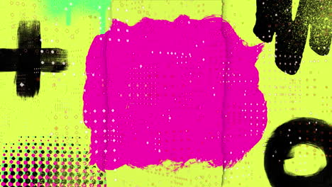Animation-of-white-pixels-moving-over-pink-and-black-paint-marks-on-yellow-background