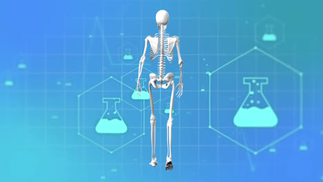 Animation-of-medical-icons-and-skeleton-walking-on-blue-background