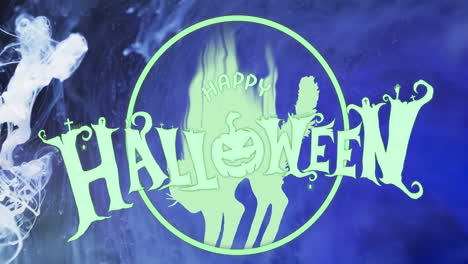 Animation-of-happy-halloween-text-and-cat-over-blue-background