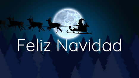 Animation-of-felix-navidad-text-and-santa-claus-in-sleigh-pulled-by-reindeers-against-night-sky