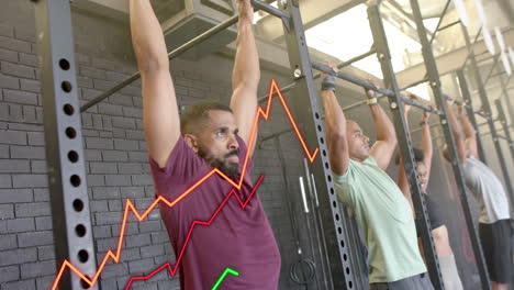 Animation-of-graph-processing-data-over-diverse-group-doing-pull-ups-cross-training-at-gym