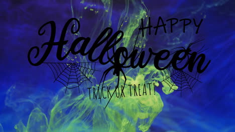 Animation-of-happy-halloween-text-and-spider-over-green-and-blue-background