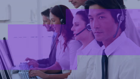 Animation-of-violet-ribbon-over-diverse-female-and-male-consultants-working-in-office