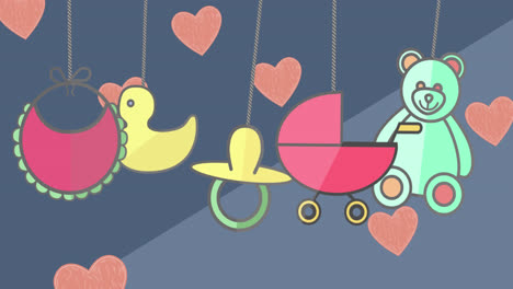 Animation-of-teddy-bear,-carriage-and-baby-items-over-blue-background-with-hearts