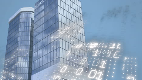 Animation-of-binary-coding-data-processing-over-modern-office-buildings