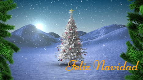 Animation-of-feliz-navidad-text-and-snow-falling-over-decorated-christmas-tree-on-winter-landscape