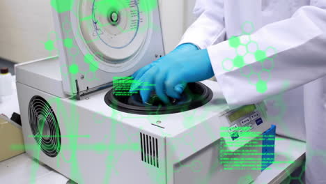 Animation-of-data-processing-over-mid-section-of-a-scientist-using-centrifuge-machine-at-laboratory