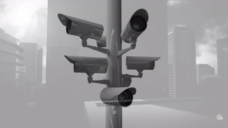 Animation-Von-CCTV-Kameras-Und-Datenverarbeitung-über-Der-Stadt