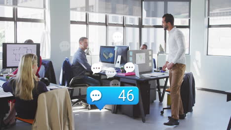 Animation-of-message-icon-with-increasing-numbers-over-two-diverse-men-high-fiving-at-office