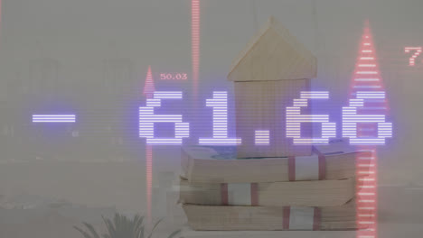 Animation-of-stock-market-data-processing-over-wooden-house-model-against-view-of-cityscape