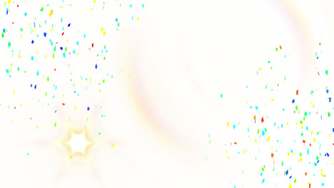 Animation-of-flying-lens-flare-and-colorful-confetti-moving-against-white-background