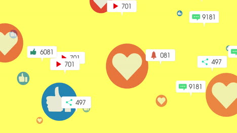 Animation-of-social-media-like-and-love-icons-and-numbers-over-yellow-background