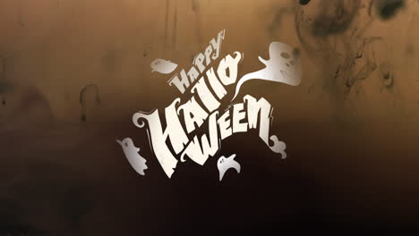 Animation-of-happy-halloween-text-and-ghosts-over-brown-and-black-background