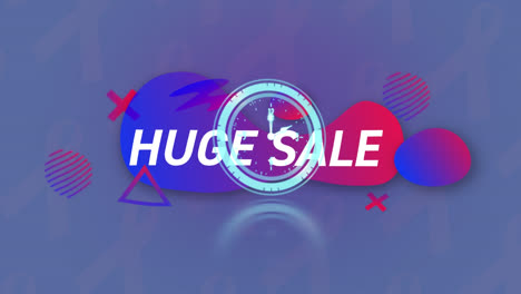 Animation-of-huge-sale-text-banner-and-neon-ticking-clock-over-gradient-shapes-on-grey-background