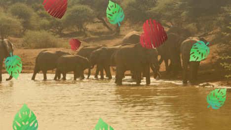 Animation-of-leaves-falling-and-heart-icons-over-elephants