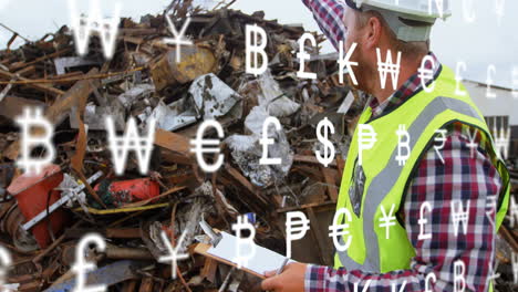 Animation-of-multiple-currency-symbols-against-caucasian-male-supervisor-with-clipboard-at-junkyard