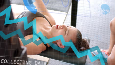 Animation-of-graph-processing-data-over-caucasian-woman-bench-pressing-weights-at-gym